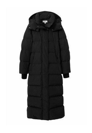 Lang sort puffet frakke med lynlåslukning, hætte og ribbekanter. Har lodrette quiltede sektioner og to sidelommer. Blød stofstruktur.