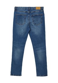 Jeans in denim blu con taglio dritto, dotati di una vita con etichetta, cinque tasche e un lavaggio leggermente invecchiato.