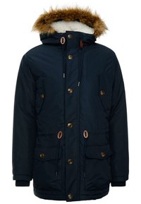 Námorně modrý zateplený parka s kapsou z umělé kožešiny, dvěma předními kapsami, zlatými knoflíky a stahovacími šňůrkami v pase pro přizpůsobení.