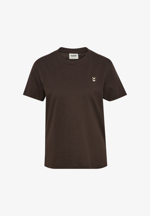 Braunes Baumwoll-T-Shirt mit Rundhalsausschnitt, kurzen Ärmeln und einem kleinen strukturierten Logo mit drei Chevron-Elementen auf der linken Brust.