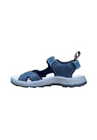Sandalo blu navy con cinturini in Velcro regolabili, design open toe, suola bianca e dettagli testurizzati per una migliore presa.