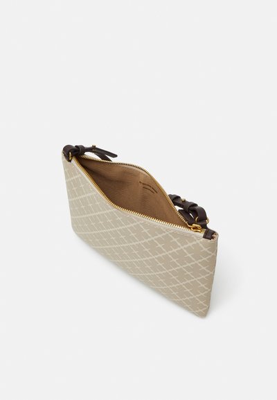 Beige clutch bag with a geometric pattern, gold zipper closure, and dark brown leather accents. Interior is lined with a light brown fabric.