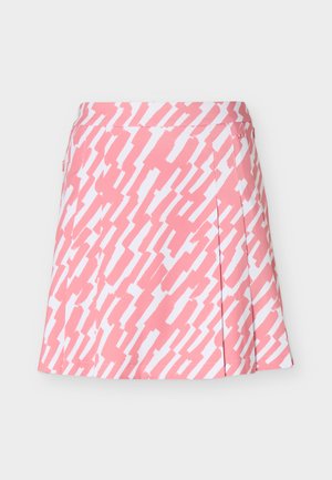 Roosa ja valge voltidega seelik abstraktse diagonaalse pintslitõmmise mustriga, värvliga ja külje lõhikuga, ühel ühtlasel taustal.