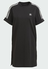 Czarna bawełniana sukienka t-shirtowa z krótkimi, podwiniętymi rękawami, białym wzorem w trzy paski na ramionach oraz haftowanym logo na piersi. Obecne rozcięcia po bokach.