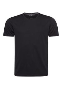 Sort t-shirt med korte ærmer lavet af åndbart stof. Har en rund halsudskæring og glat tekstur, samt subtile syningsdetaljer.