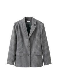 Grijze blazer met krijtstreep, twee knopen, notchkraag, voorzakken, licht gestructureerde pasvorm, gladde stof met een subtiele glans.