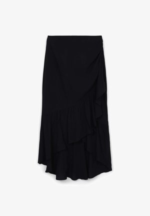 Gonna nera a strati realizzata in tessuto leggero. Presenta un orlo arricciato e una superficie liscia, con un design asimmetrico per un interesse visivo.