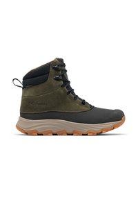 Grüne und schwarze Wanderschuhe aus Wildleder und synthetischen Materialien, mit schnürbarem Design, gepolsterter Knöcheleinlage und robusten Gummisohlen-Details.