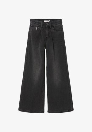 Jean denim noir à jambes larges avec fermeture par boutons et zip, poches avant et passants de ceinture, présenté à plat sur fond blanc.