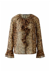 Transparante blouse met een luipaardprint in bruin en beige tinten, met een ruffel aan de voorkant, lange mouwen met uitlopende manchetten en een geplooide halslijn.