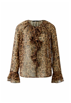 Transparante blouse met een luipaardprint in bruin en beige tinten, met een ruffel aan de voorkant, lange mouwen met uitlopende manchetten en een geplooide halslijn.