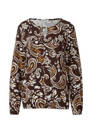 Langarmige bruine blouse met een witte, gouden en lichtblauwe bloemen- en paisleypatroon, elastische manchetten en een kleine uitsparing aan de voorkant.