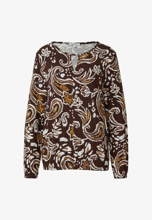 Blusa marrone a maniche lunghe con motivo floreale e paisley bianco, oro e azzurro, con polsini elastici e piccola apertura sul collo davanti.