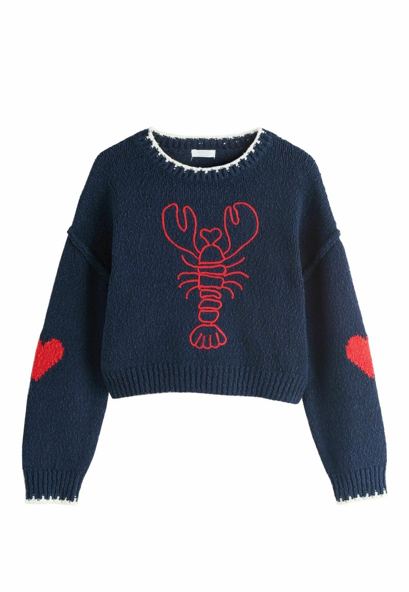 Granatowy dzianinowy sweter z czerwonym wzorem homara na środku i czerwonymi sercami na rękawach. Biały, falowany dekolt.