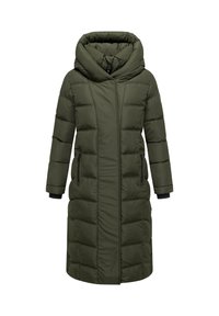 Lange, olijfgroene pufferjacket met een hoge kraag, ritszakken opzij en een gewatteerd ontwerp. Gemaakt van geïsoleerd, gewatteerd materiaal.
