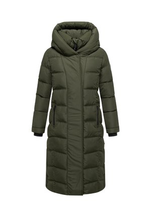 Manteau matelassé long, vert olive, avec un col haut, des poches latérales zippées et un design matelassé. Fabriqué en matériau isolant et rembourré.