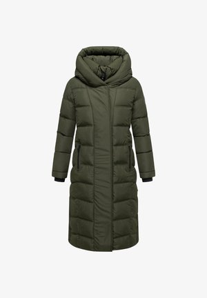 Lunga giacca piumino verde oliva con colletto alto, tasche laterali con zip e design trapuntato. Realizzata in materiale isolante e imbottito.