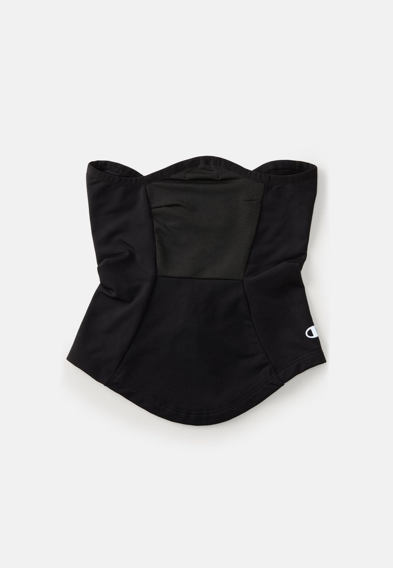 Bezplecu melns korsetes stila tops ar strukturētām daļām, nedaudz izliekta apakša un neliels balts logotips apakšējā malā.