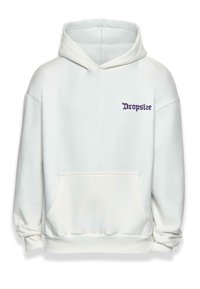 Haut à capuche blanc en tissu doux, avec une poche avant et un logo violet "Dropsize" brodé sur la poitrine gauche.