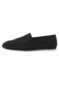 Black suede slip-on shoe featuring woven detailing on the toe and a smooth upper. The sole is light-colored with a low profile design.