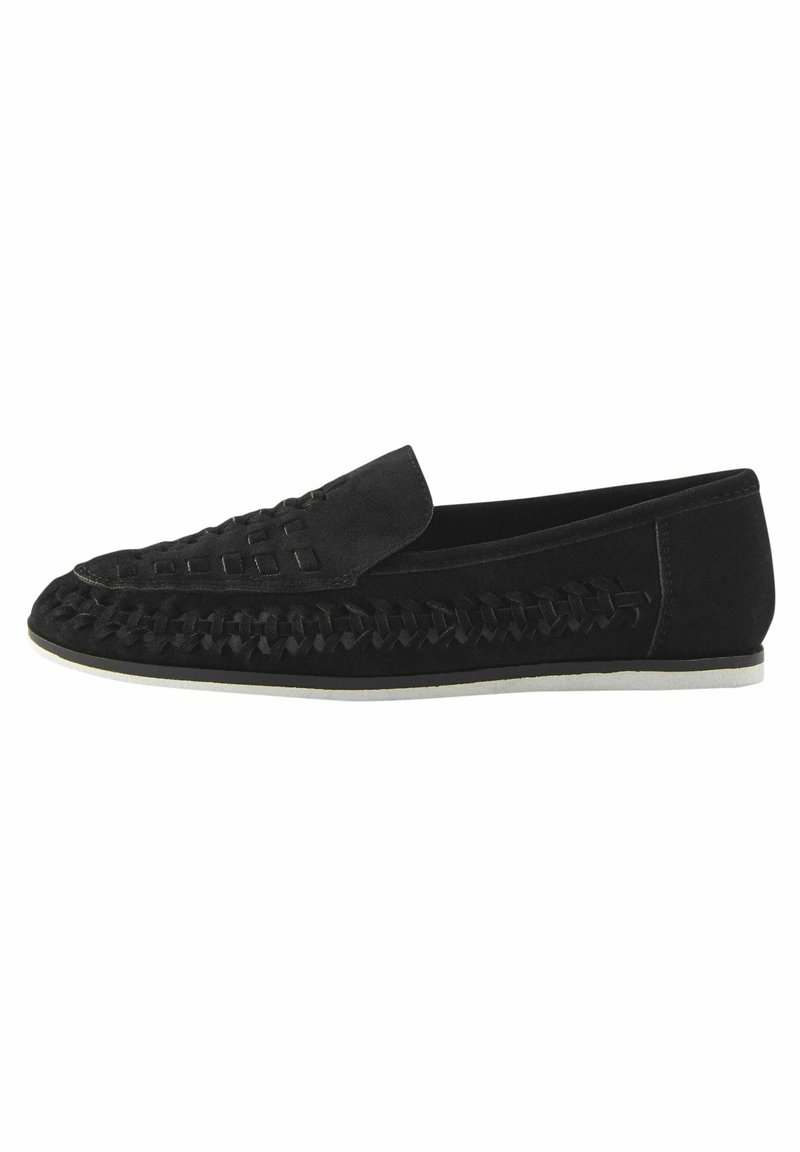 Black suede slip-on shoe featuring woven detailing on the toe and a smooth upper. The sole is light-colored with a low profile design.