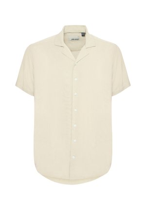 Camicia a maniche corte, con bottoni, di colore beige chiaro, con colletto classico, taglio dritto e texture morbida. Presenta bottoni bianchi lungo la parte anteriore.