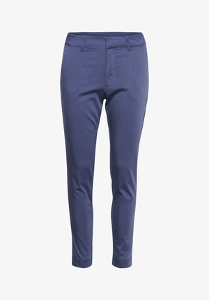 Navy blue tailored pants with a slim fit, featuring a smooth texture, belt loops, and a single front pocket.