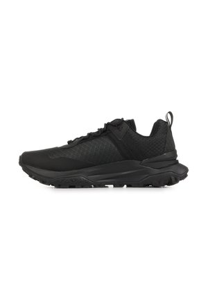 Black low-top athletic sneaker with mesh and synthetic upper, lace-up closure, padded collar, and rugged rubber sole for traction.
