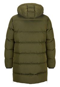 Grüne gepolsterte Jacke mit Kapuze, die über gesteppten Bereichen und elastischen Bündchen verfügt. Der Stoff ist glatt mit einer matten Oberfläche.