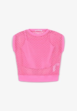 Top a maniche corte in tessuto mesh rosa brillante con ritagli ovali, caratterizzato da un collo rotondo e orli in maglia rosa solida sulle maniche e sull'orlo.