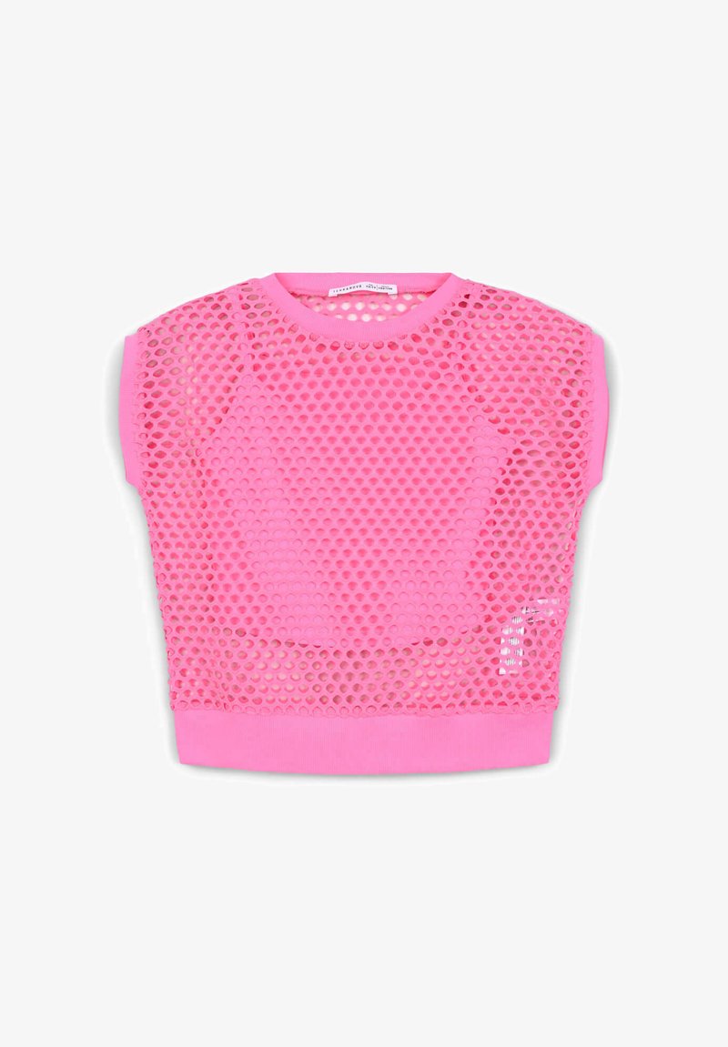 Top a maniche corte in tessuto mesh rosa brillante con ritagli ovali, caratterizzato da un collo rotondo e orli in maglia rosa solida sulle maniche e sull'orlo.