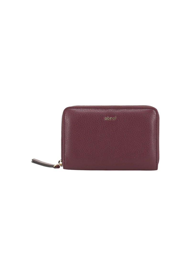 Burgundy leather wallet with a textured finish, zip closure, and gold logo on the front. Features a wrist strap for easy carrying.