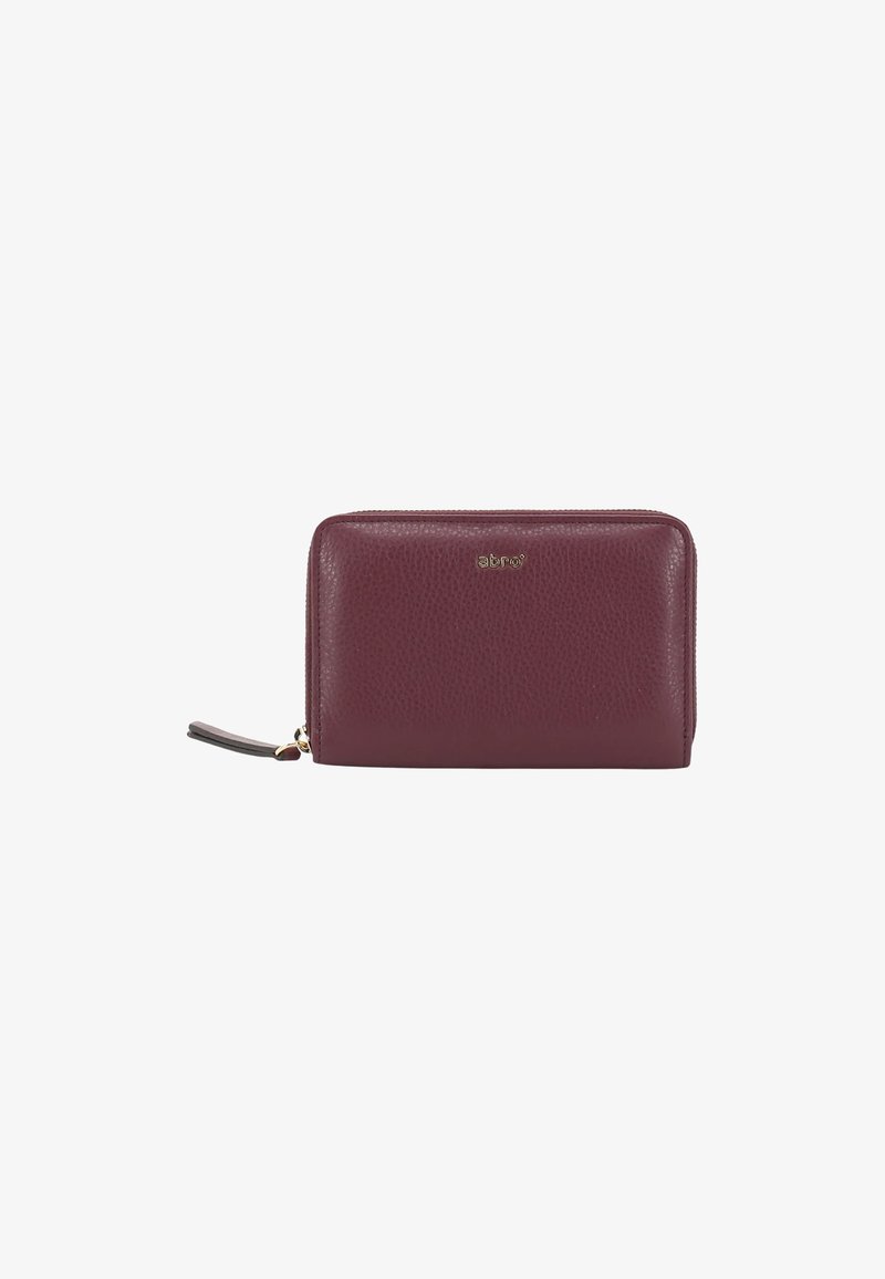 Burgundy leather wallet with a textured finish, zip closure, and gold logo on the front. Features a wrist strap for easy carrying.