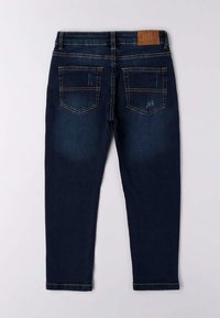 Donkerblauwe denim jeans met een slim fit, met stiksel details, twee achterzakken en een tan leren label op de tailleband.