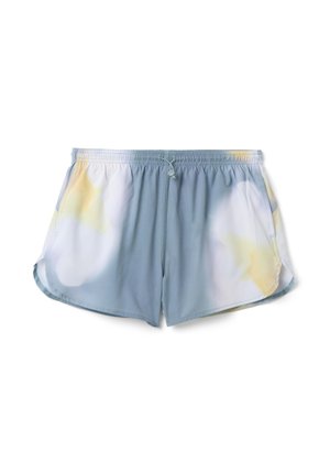 Pantalones cortos deportivos de teñido anudado azul claro y blanco, con cinturilla elástica y cordón, bolsillos laterales y dobladillo redondeado en las piernas.