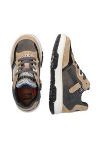 Brown and gray sneakers with suede and mesh materials, lace-up with side zipper, textured sole, and contrasting black accents.