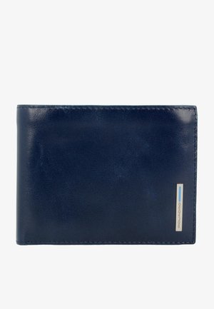 Portefeuille en cuir navy avec texture lisse ; présente un accent en métal argenté et un logo subtil à l'avant. Design compact et rectangulaire.