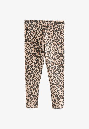 Indsnævrede leggings med beige baggrund og brun/sort leopardprint, vist fladt mod en hvid baggrund.