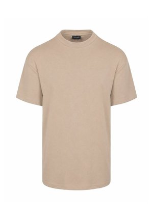 Beige T-shirt met korte mouwen en een ronde hals met een eenvoudig ontwerp en een label aan de binnenkant van de kraag.