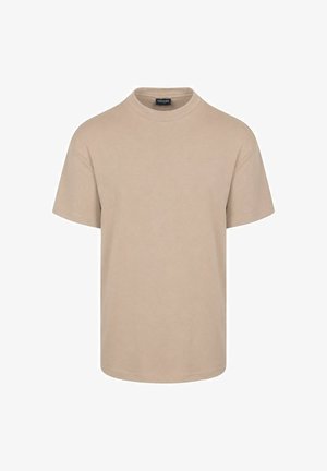 Beiges T-Shirt mit kurzen Ärmeln und Rundhalsausschnitt, einfachem Design und einem Etikett innen am Kragen.