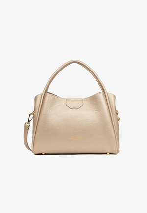 Sac à main en cuir beige texturé avec double poignées supérieures, une bandoulière amovible et des détails métalliques dorés.