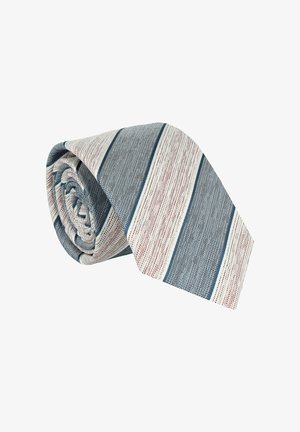 Gestreifte Krawatte mit gewebter Textur in Marineblau, Rot und Cremefarben, mit abwechselnden breiten und feinen Streifen. Zum Auslegen aufgerollt.