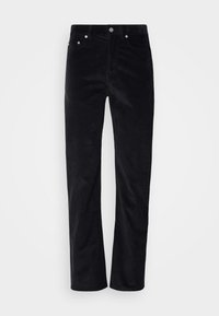Black corduroy trousers with a straight leg design. Features a button closure and five-pocket styling. Textured ribbed fabric.