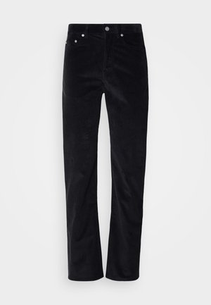Pantaloni din corduroy negri cu un design pe picior drept. Au închidere cu nasture și cinci buzunare. Material texturat cu striații.