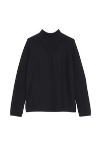 Pull à col roulé noir en tissu doux. Il présente des manches longues et une coupe décontractée, avec un design lisse et sans coutures.