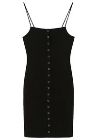 Svart, ärmlös klänning med tunna band, som har en rak skärning och en framknäppning med metallöglor som löper ner i mitten.