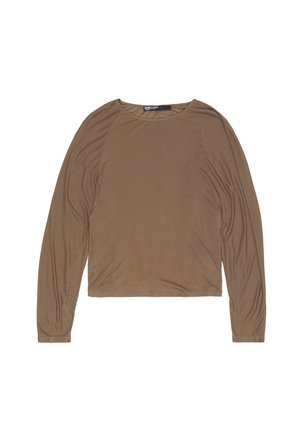 Long-sleeve top in a muted brown color, made of soft fabric with a relaxed fit, featuring a round neckline and ribbed trim detail.