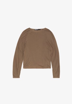 Ilga piedurkne blūze izsmalcinātā brūnā krāsā, kas izgatavota no mīksta auduma ar brīvu piegriezumu, ar apaļu kakla izgriezumu un ribotām maliņām.