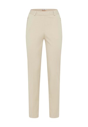 Beige Chinos aus glattem Stretchstoff, Slim-Fit, mit dekorativem Bund und Seitentaschen. Keine sichtbaren Muster oder Beschläge.