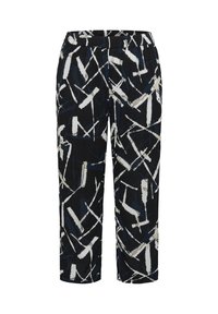 Black pants with an abstract pattern in white and shades of blue. Features an elastic waistband and a relaxed fit, cropped length.